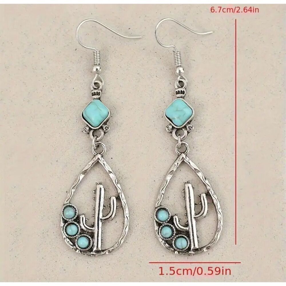 Western Vintage Inspired Teardrop Cactus Earrings Turquoise Boho Hippie Cowgirl - Picture 5 of 5